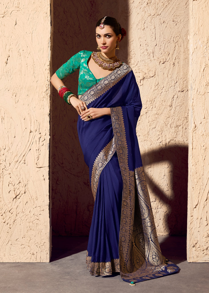 Navy Blue Woven Crepe Georgette Saree