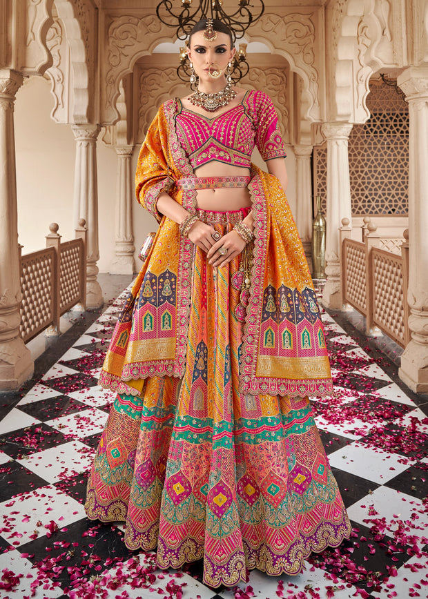 Pink & Yellow Banarasi Silk Embroidered Lehenga