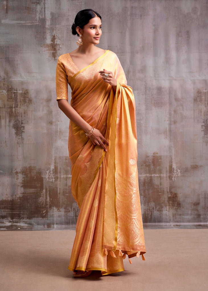 Peach Pink Woven Tissue Silk Saree