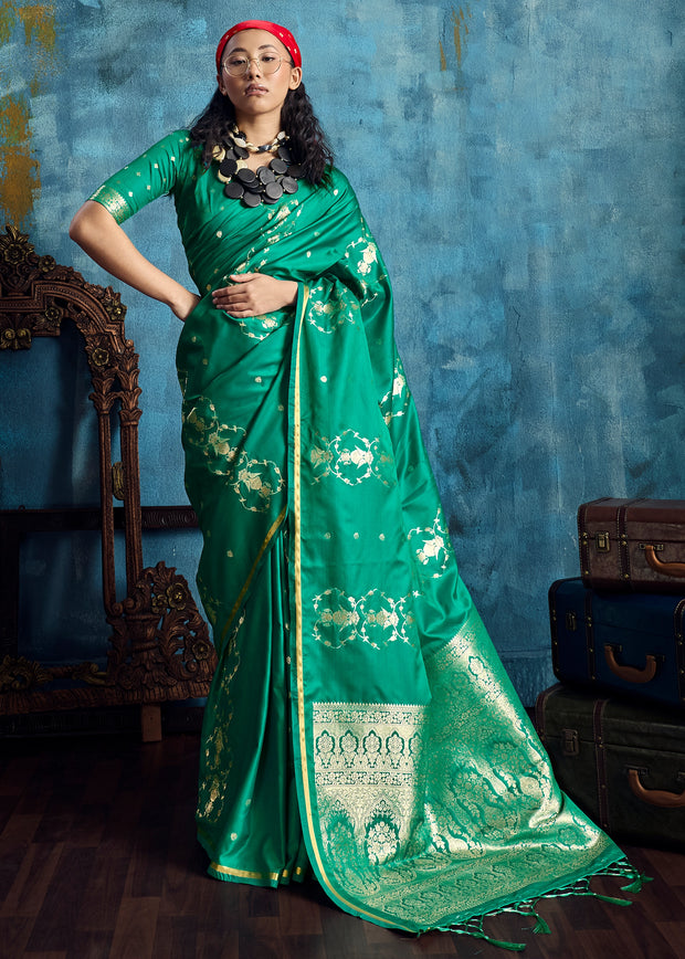 Peacock Green Woven Banarasi Satin Silk Saree