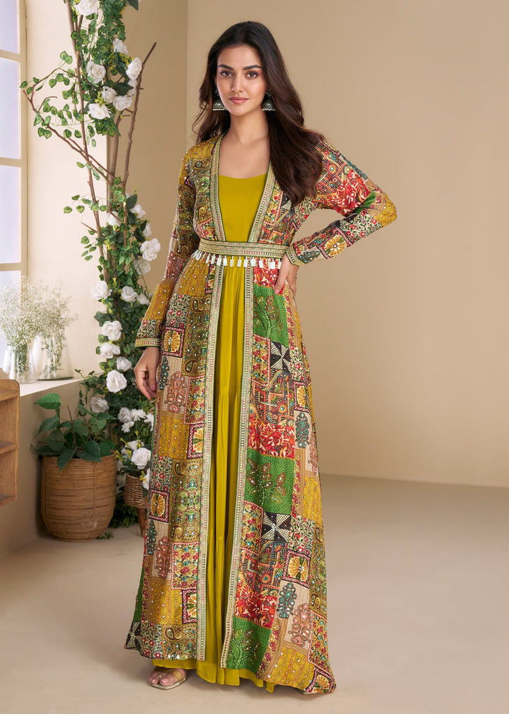 Antique Yellow Shrug Style Gown with Embroidered Work