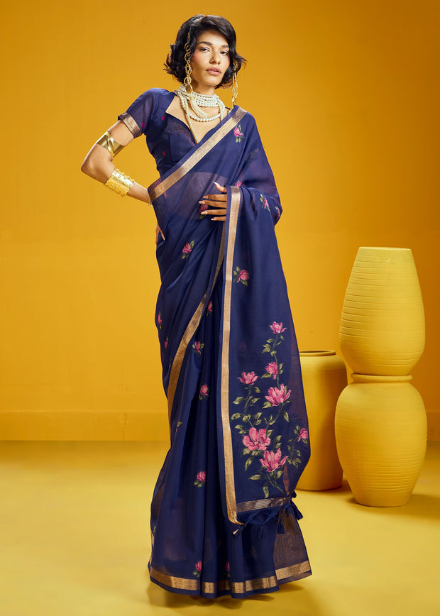 Indigo Blue Woven Munga Cotton Silk Saree
