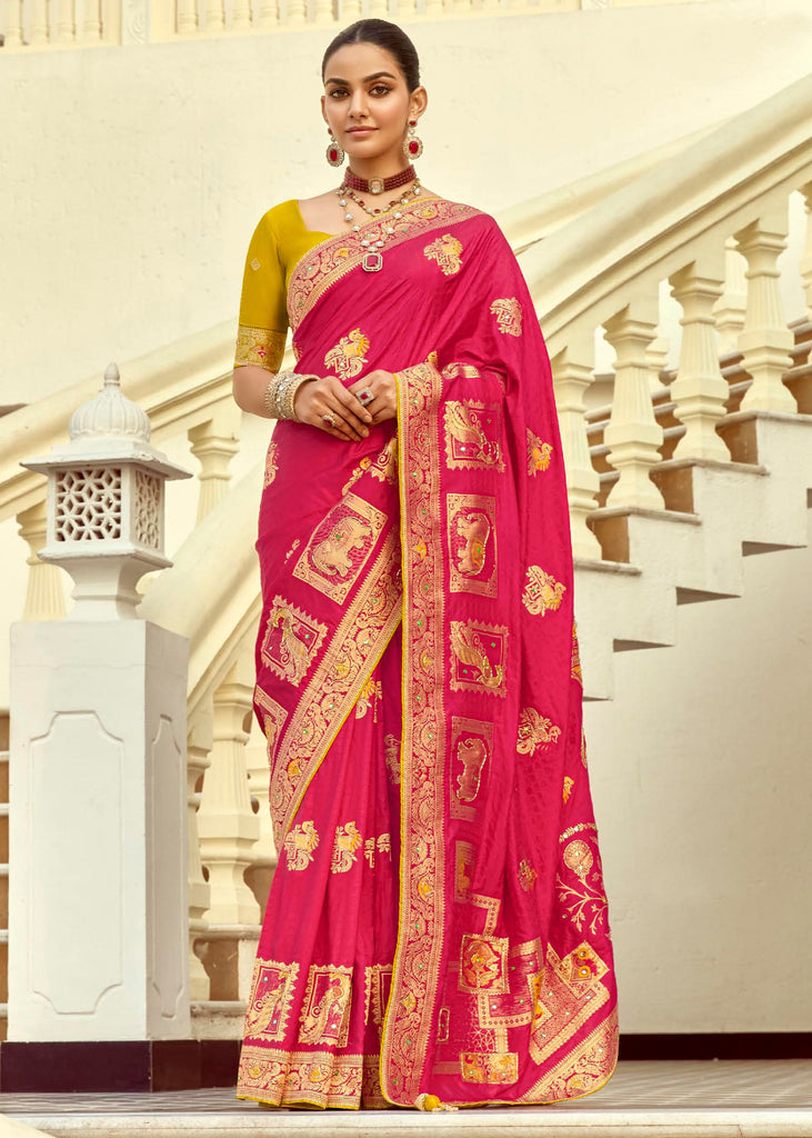 Raspberry Pink Woven Banarasi Designer Silk Saree With Contrast Blouse