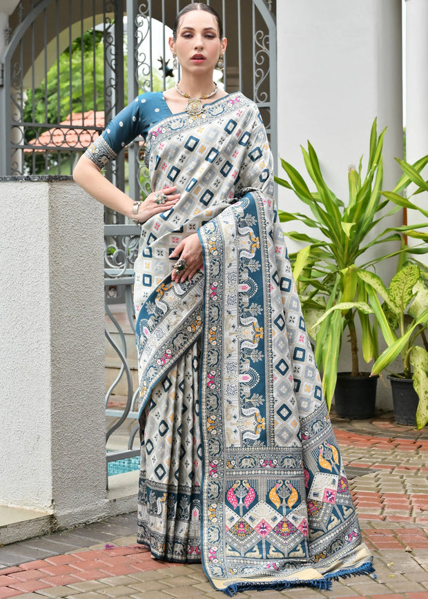 White & Rama Blue Woven Banarasi Patola Silk Saree