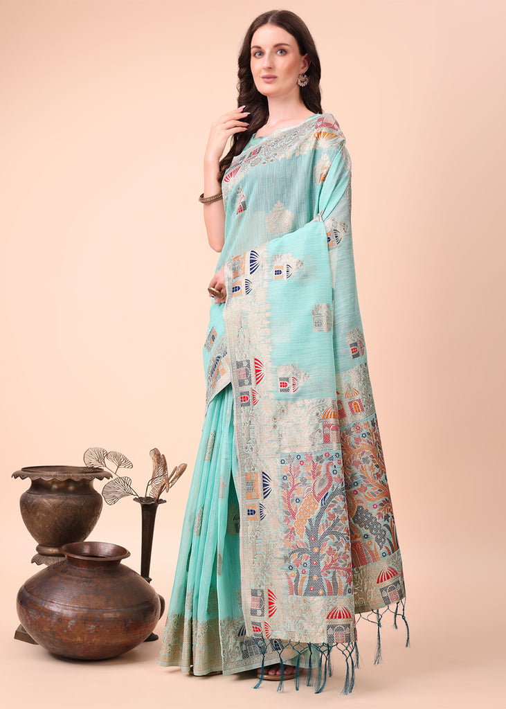 Angel Blue Woven Linen Cotton Silk Saree