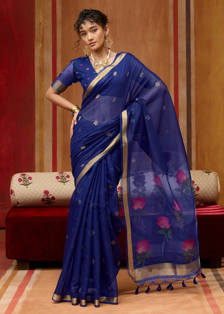 Navy Blue Woven Cotton Organza Saree