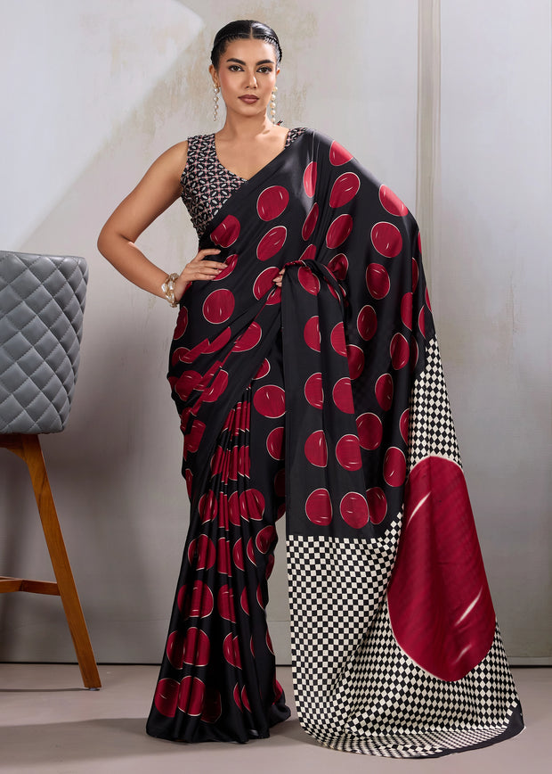 Red Printed Satin Silk Saree