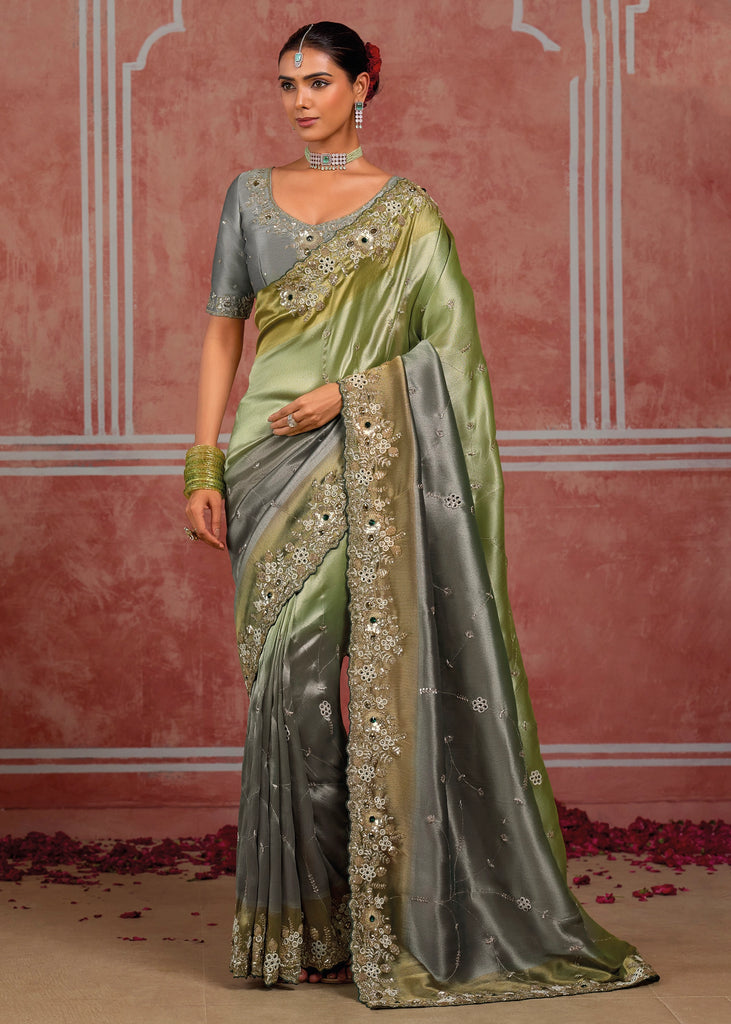 Grey and Green Embroidered Designer Saree