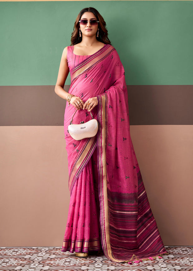 Fuchsia Pink Woven Cotton Silk Saree