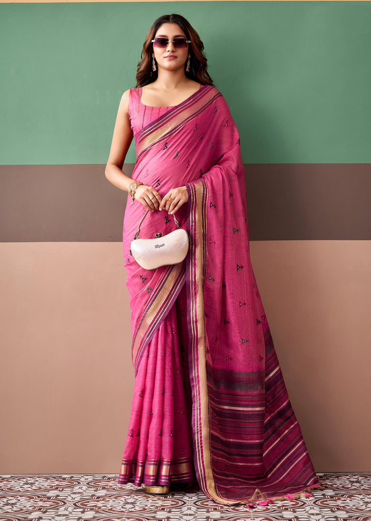 Fuchsia Pink Woven Cotton Silk Saree