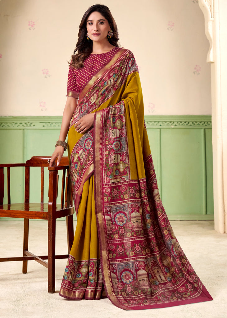 Misted Yellow kalamkari Printed Cotton Silk Saree