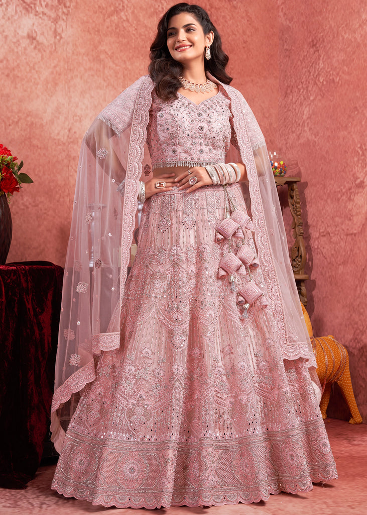 Blushing Pink Net Embroidered Bridal Lehenga