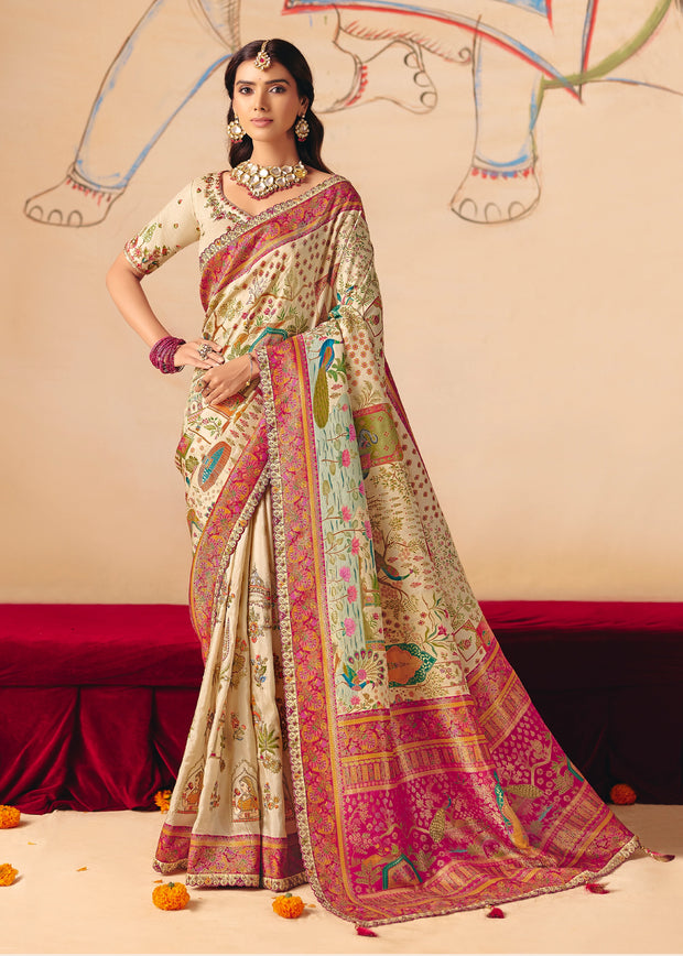 Off White Designer Embroidered Saree