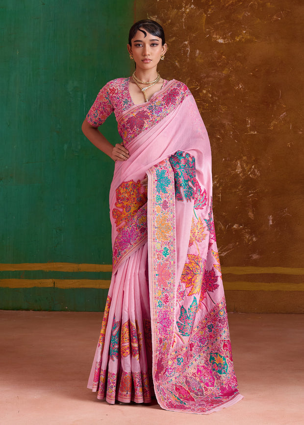 Powder Pink Woven Cotton Kashmiri Jamewar Saree