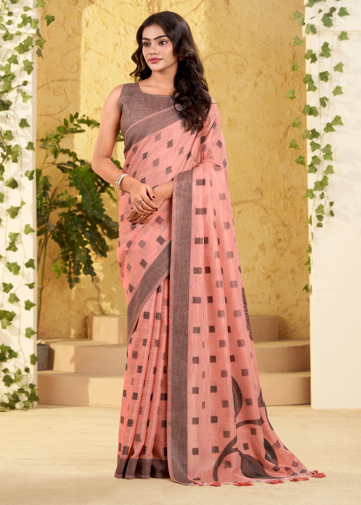 Peach Pink Woven Linen Silk Saree
