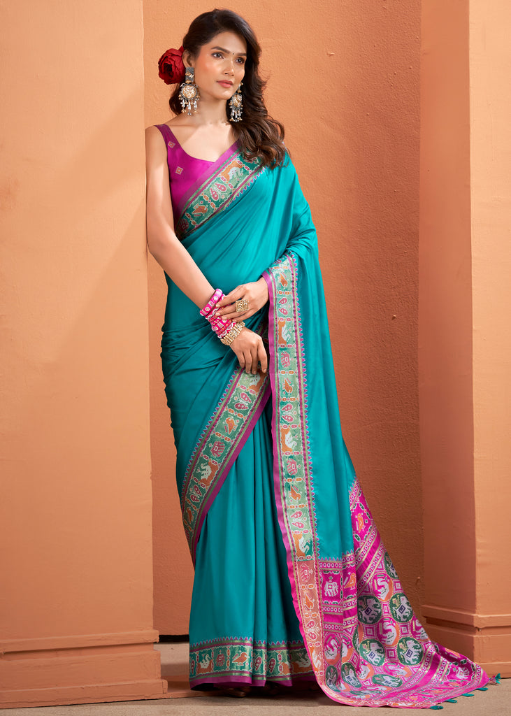 Teal Blue Woven Banarasi Patola Silk Saree
