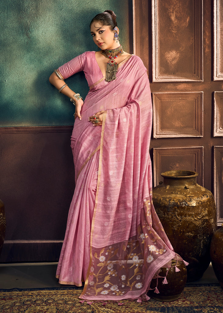Onion Pink Woven Munga Cotton Silk Saree