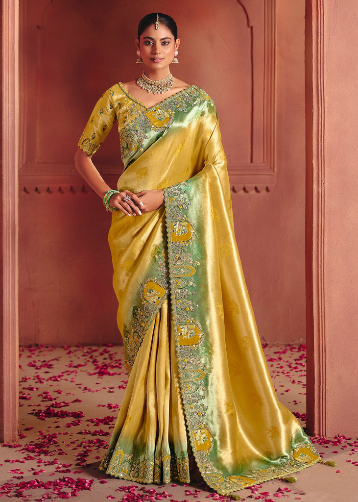 Golden Yellow Designer Embroidered Saree