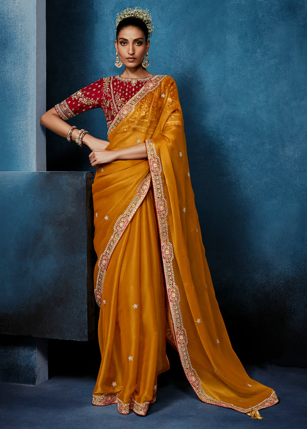 Sunshine Orange Embroidered Designer Tissue Saree