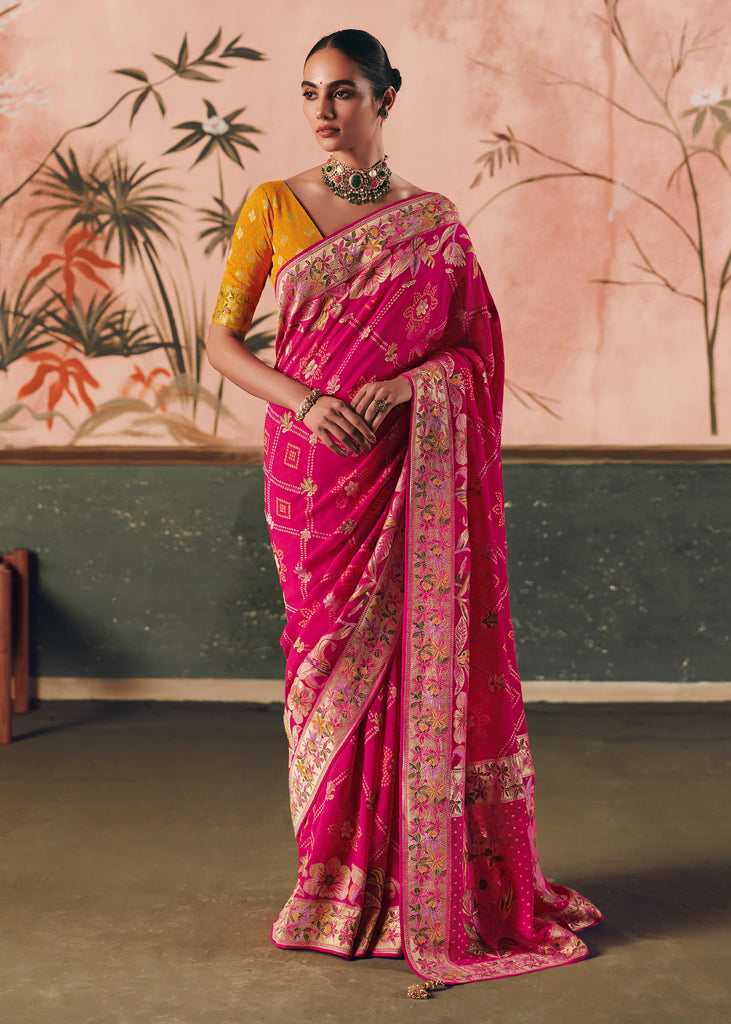 Raspberry Pink Woven Georgette Bandhej Saree