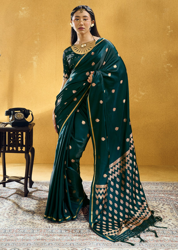 Bottle Green Woven Banarasi Satin Silk Saree