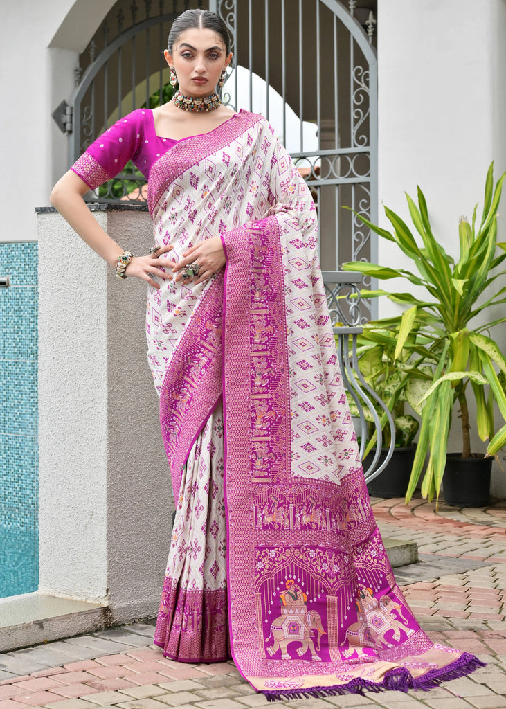 White & Magenta Woven Banarasi Patola Silk Saree