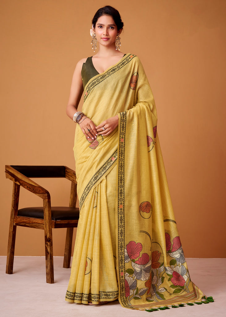 Lemon Yellow Woven Cotton Saree