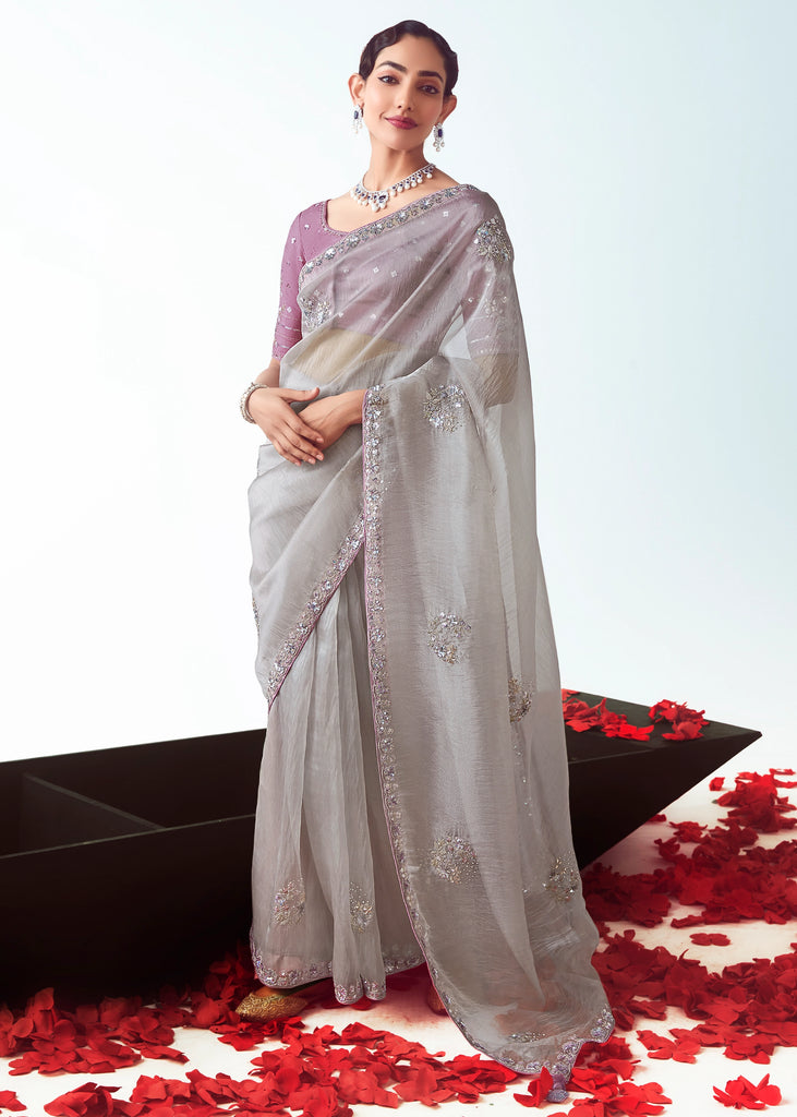 Lavender Purple Embroidered Designer Tissue Saree