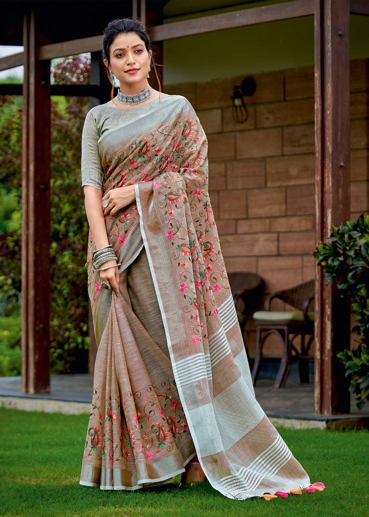 Light Brown Woven Linen Silk Saree