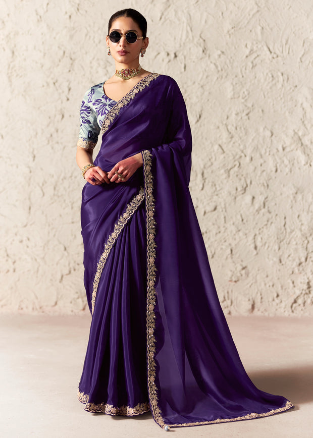 Depth Purple Designer Organza Tissue Silk Saree With Printed Blouse
