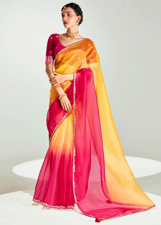 Yellow red ombre tissue saree with embroidered blouse