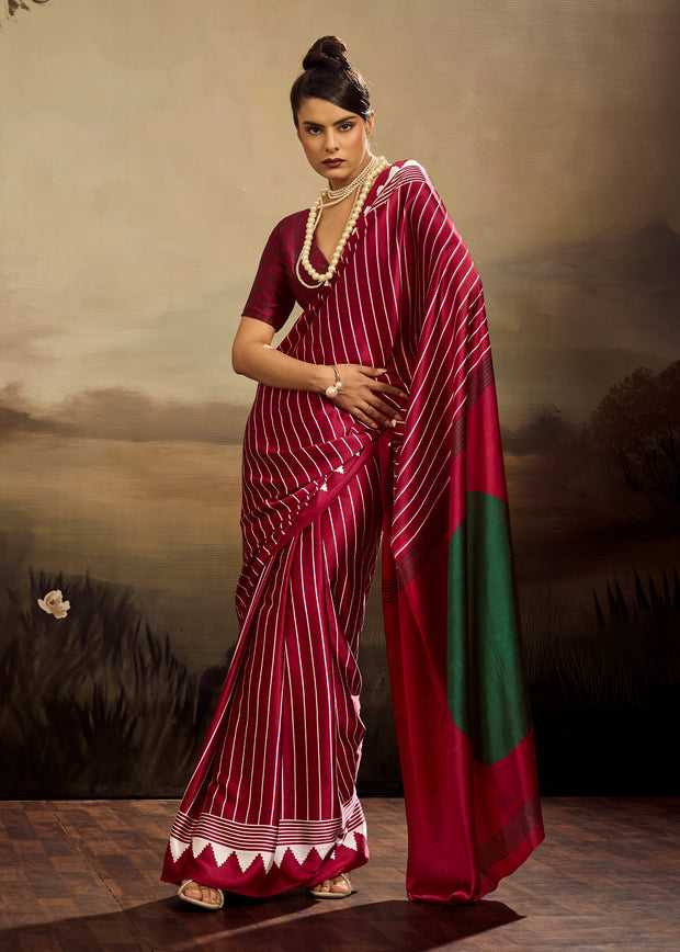 Maroon Printed Satin Silk Saree