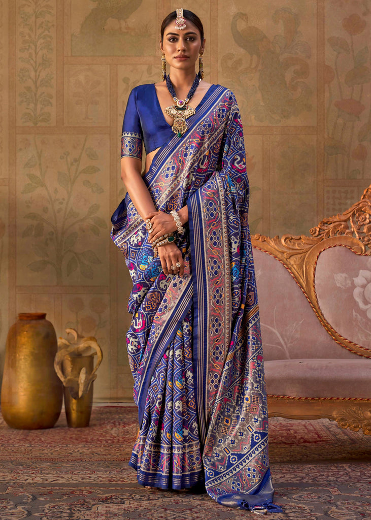 Victoria Blue Printed Patola Silk Saree