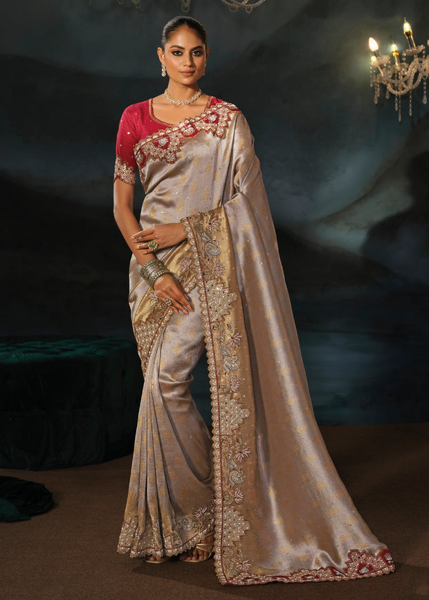 Golden Beige Embroidered Tanchoi Silk Saree