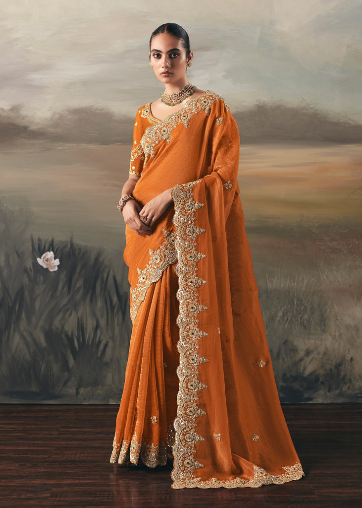 Orange Tissue Embroidered Wedding Wear Saree