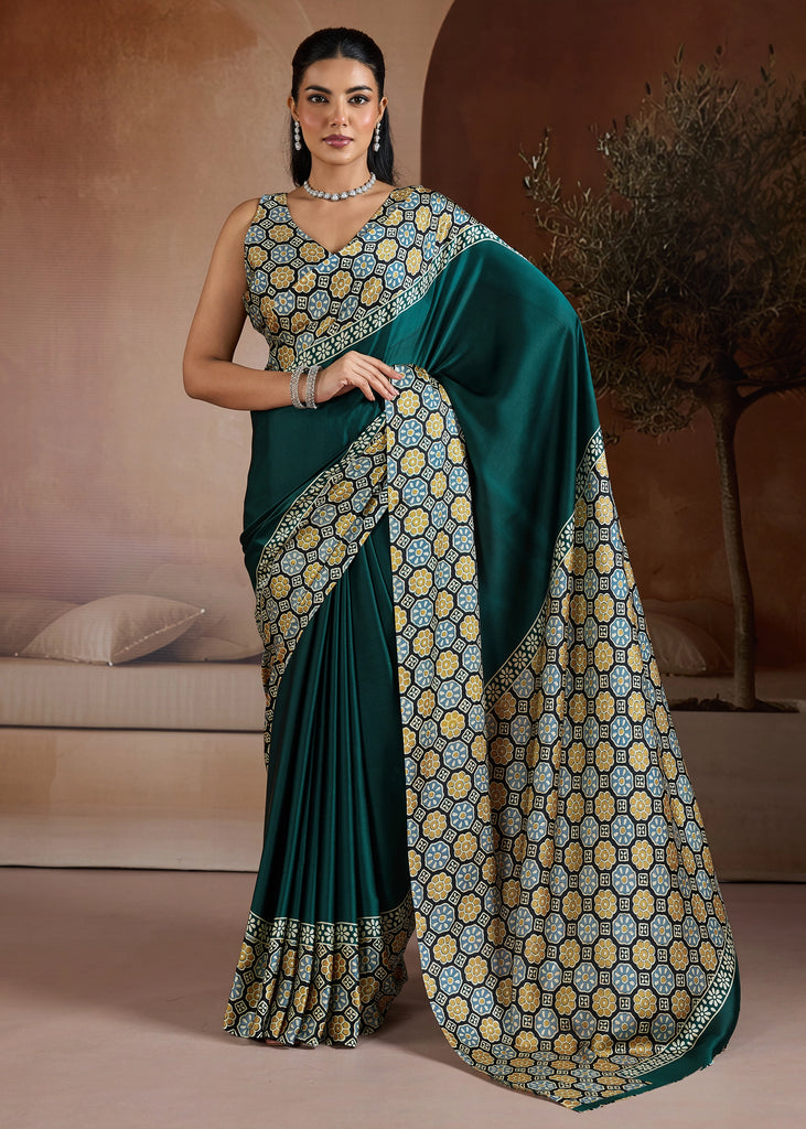 Bottle Green Printed Satin Silk Saree