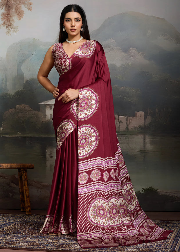 Beet Red Printed Satin Silk Saree