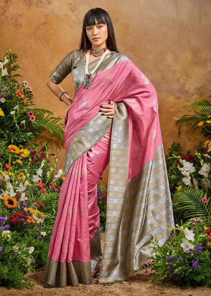 Candy Pink Woven Cotton Silk Saree