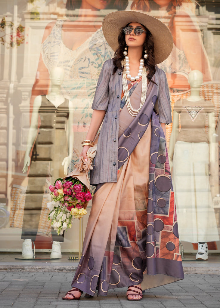 Grey And Peach Digital Printed Soft Silk Saree