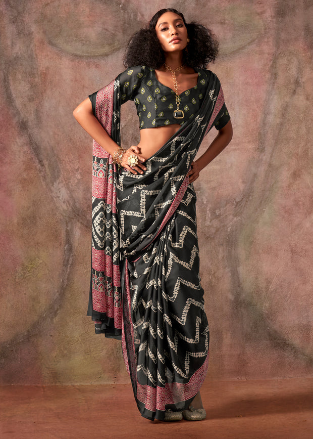 Jet Black Printed Crepe Satin Silk Saree