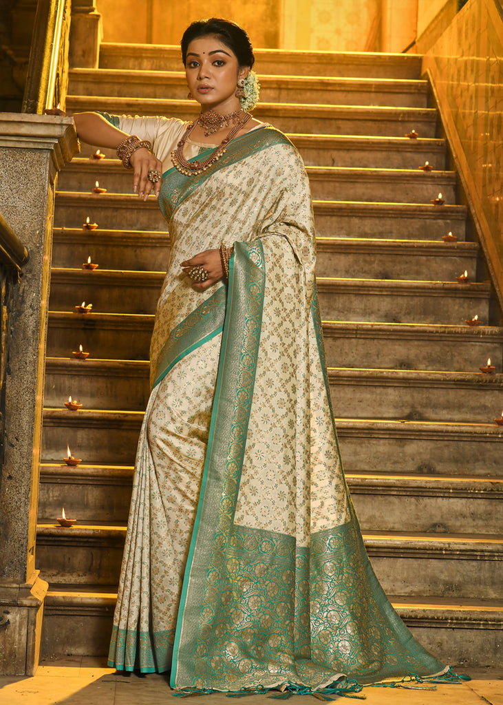 Antique Green Woven Banarasi Brocade Silk Saree With Overall Jaal