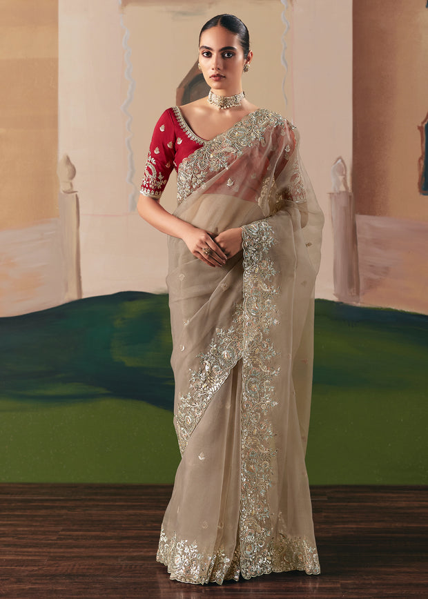 Beige Embroidered Designer Saree