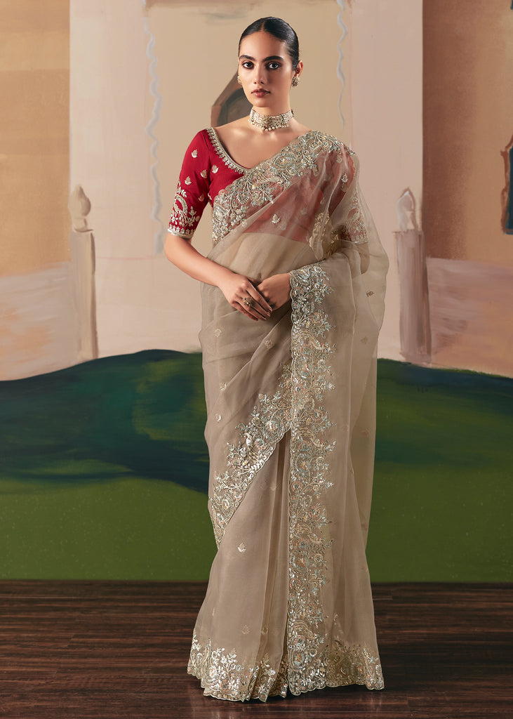 Beige Embroidered Designer Silk Saree