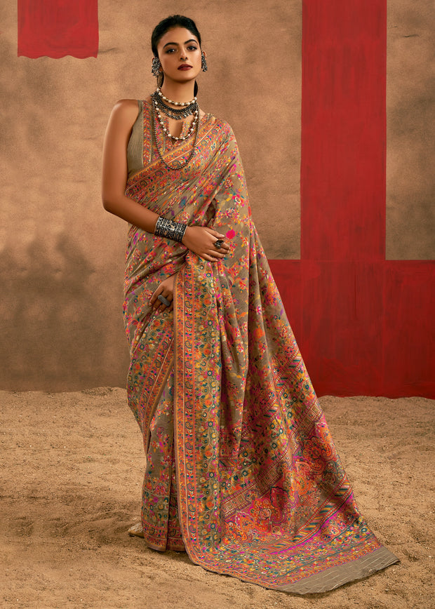 Khaki Brown Woven Kashmiri Jamewar Silk Saree