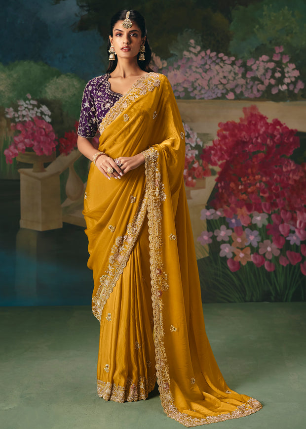Mustard Yellow Embroidered Designer Saree