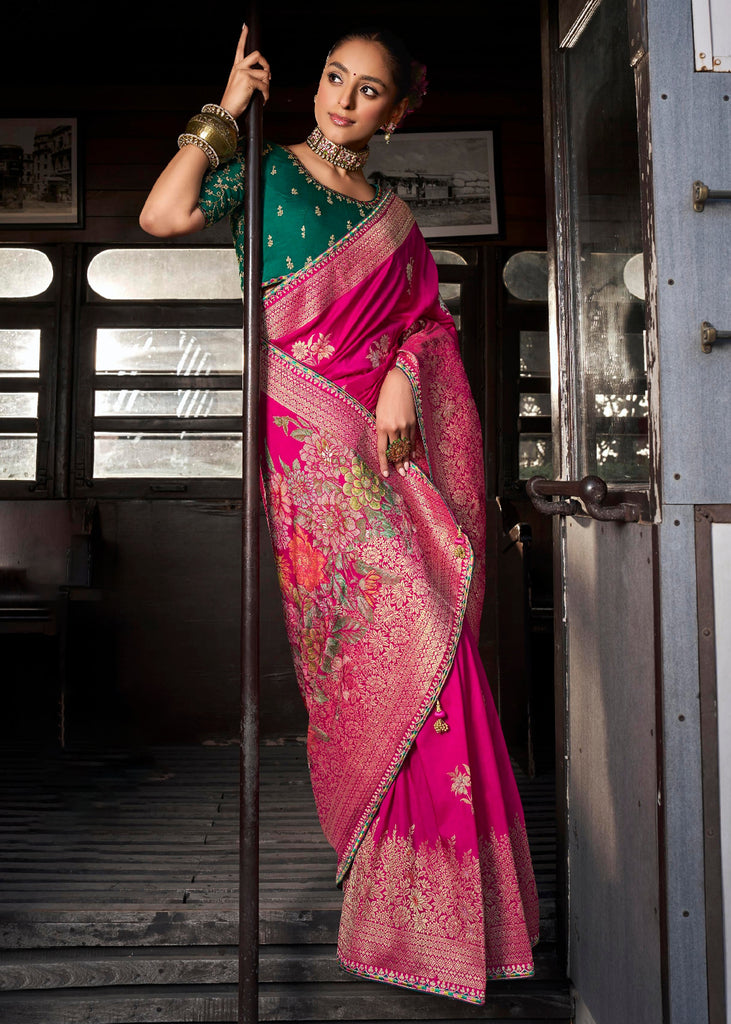 “Exclusive Offer” : Princess Pink Woven Embroidered Banarasi Silk Saree