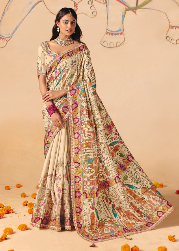 Cream White Designer Embroidered Saree