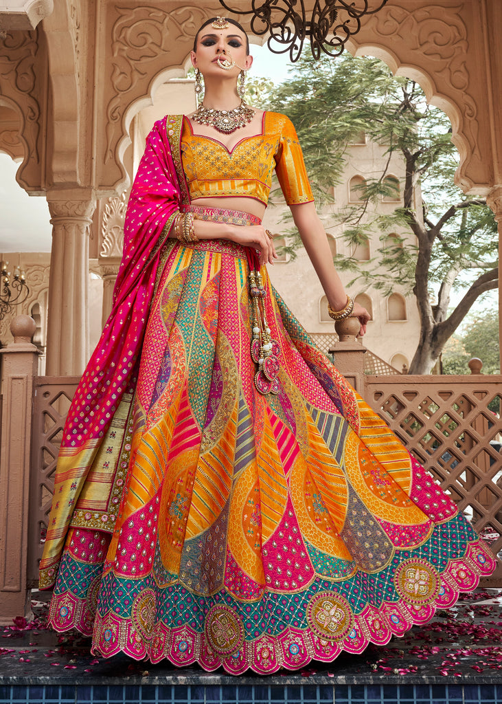 Yellow & Pink Banarasi Silk Embroidered Lehenga