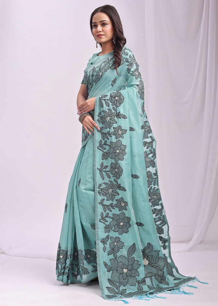 Radiance Blue Woven Cotton Linen Silk Saree