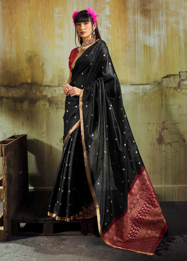 Ink Black Banarasi Tusser Silk Saree